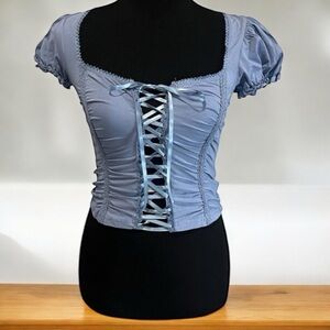 DOLLS KILL X CORSET HOOD BLUE PUFF SLEEVE LACE-UP TOP SIZE SMALL CURRENT MOOD